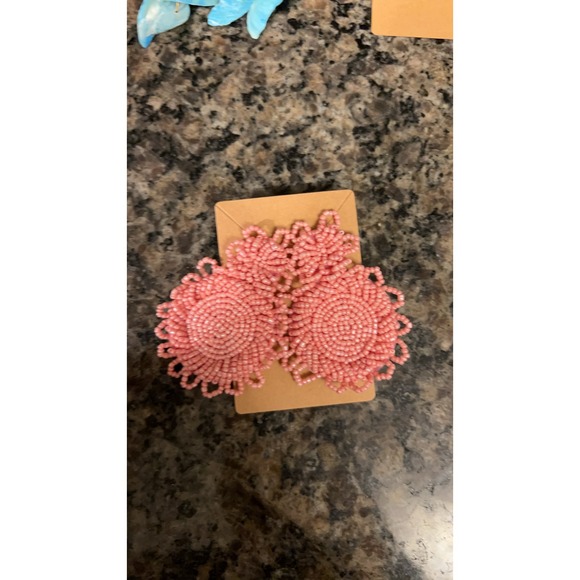 Jewelry - Handmade Beaded Flower Earrings Pink Boho Statement Dangle